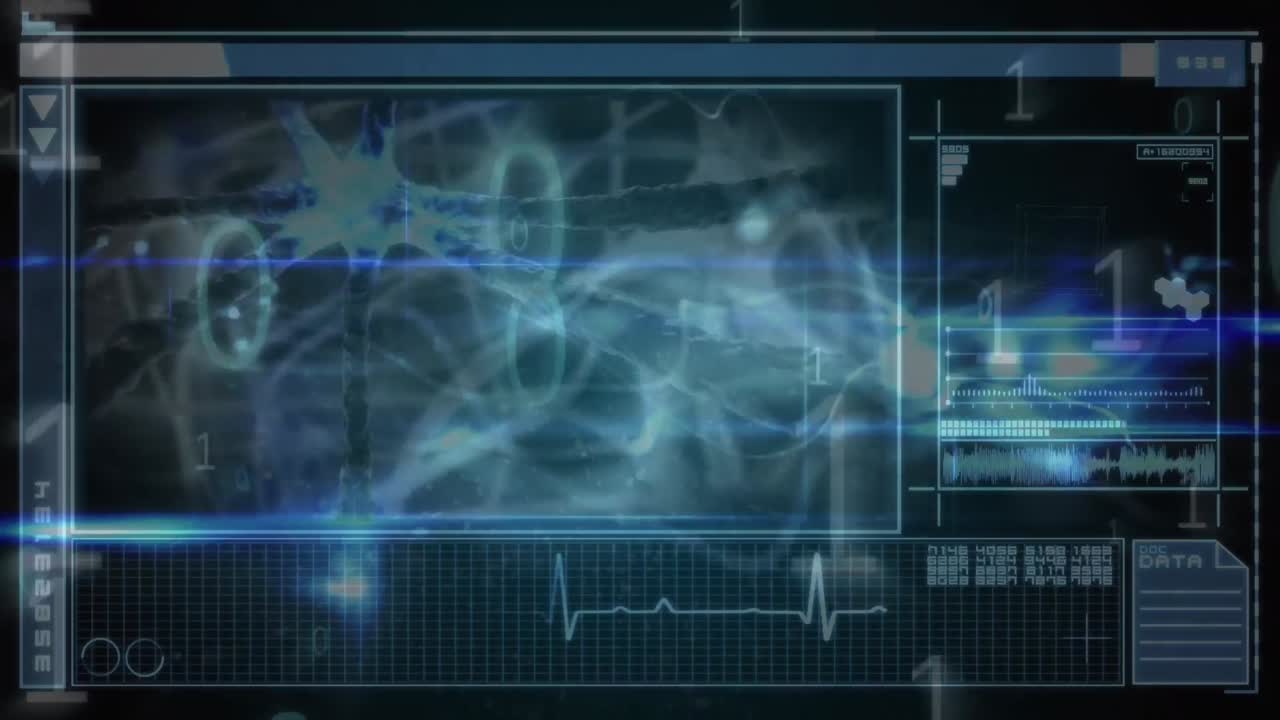 검은 바탕에 파란색 디지털 파도를 통해 데이터 처리를 하는 인터페이스의 애니메이션
