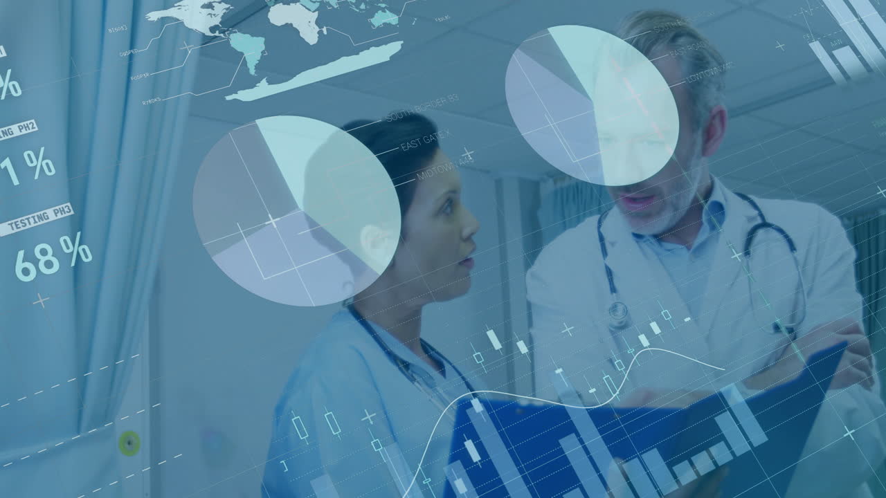 animación de procesamiento de datos y diagramas sobre diversos médicos que hablan en el hospital