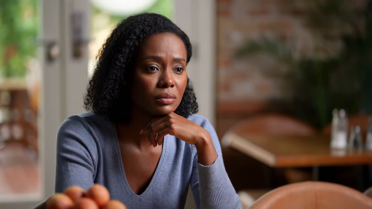 A thoughtful Black woman with a somber expression indoors