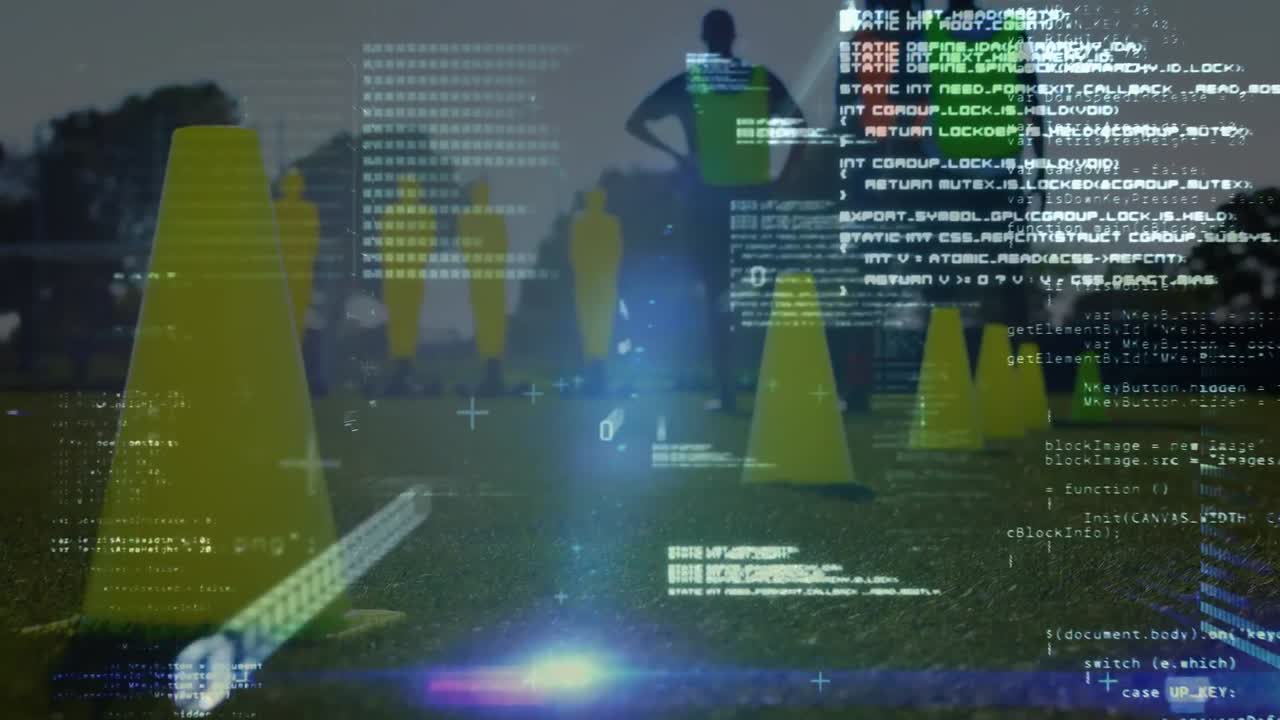 스타디움에서 연습하는 다양한 남성 축구 선수에 대한 데이터 처리 애니메이션