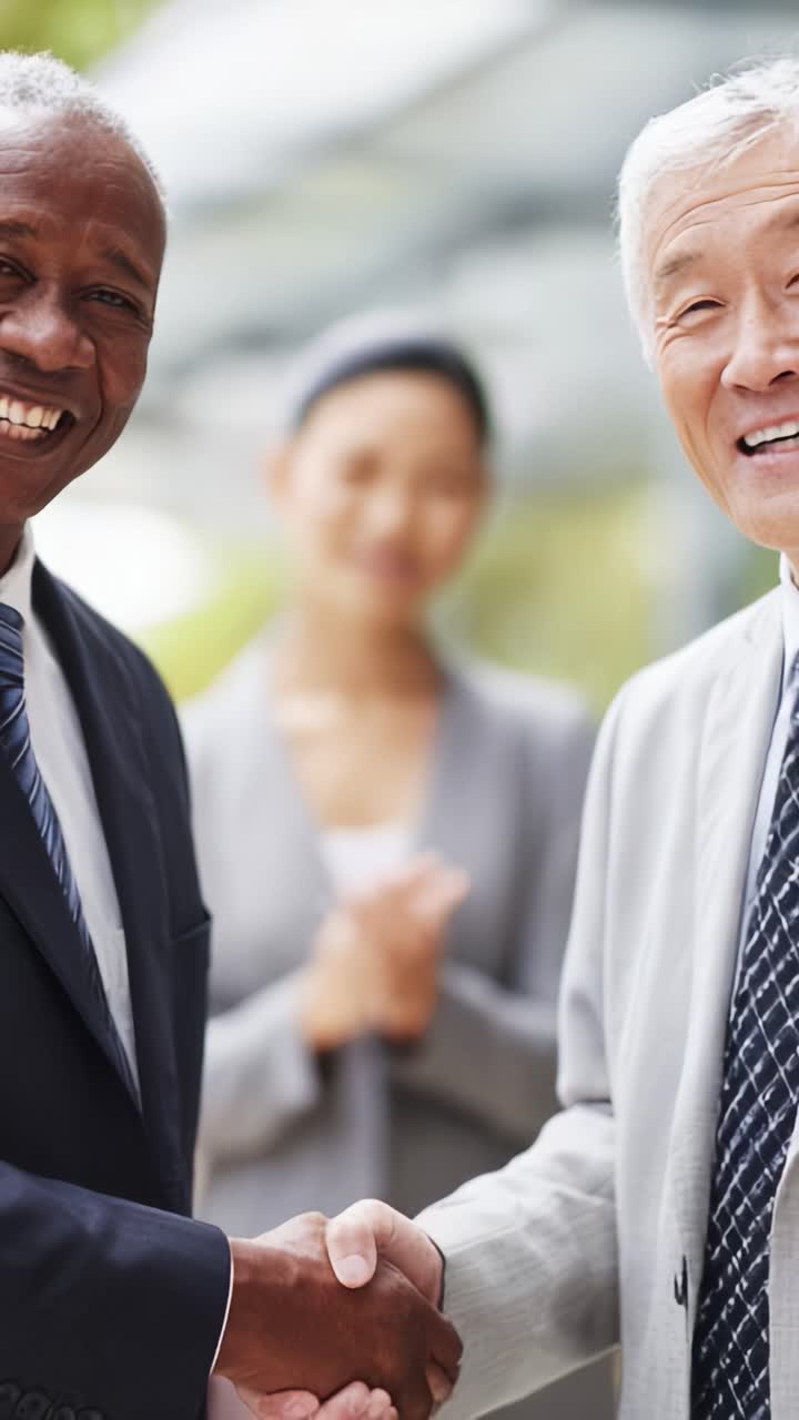 Two businessmen shaking hands with a smiling woman in the background, celebrating a successful partnership and mutual agreement in a professional setting