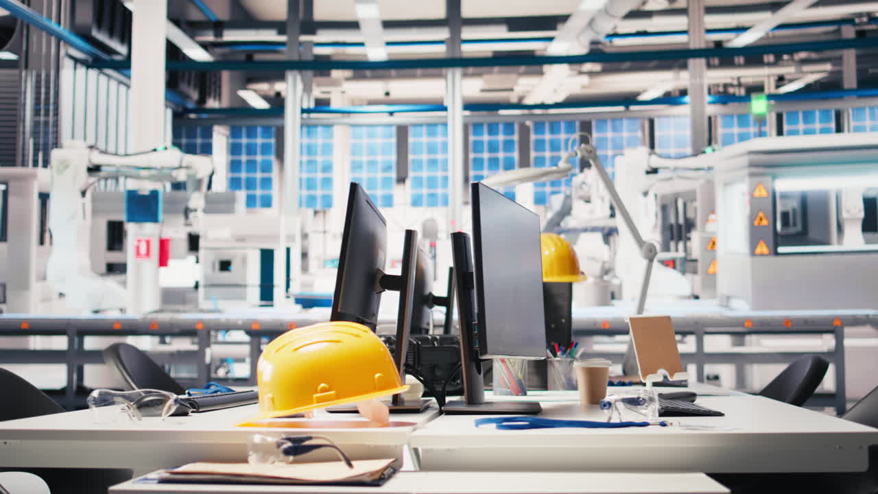 Vertical Video PC on desk in empty photovoltaics factory used for data analysis