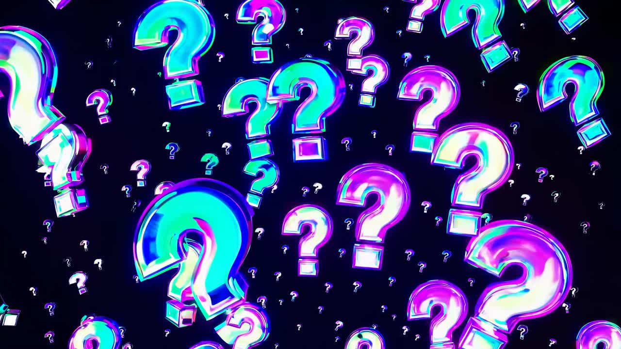 Vibrant 3D question marks in neon colors float against a dark background