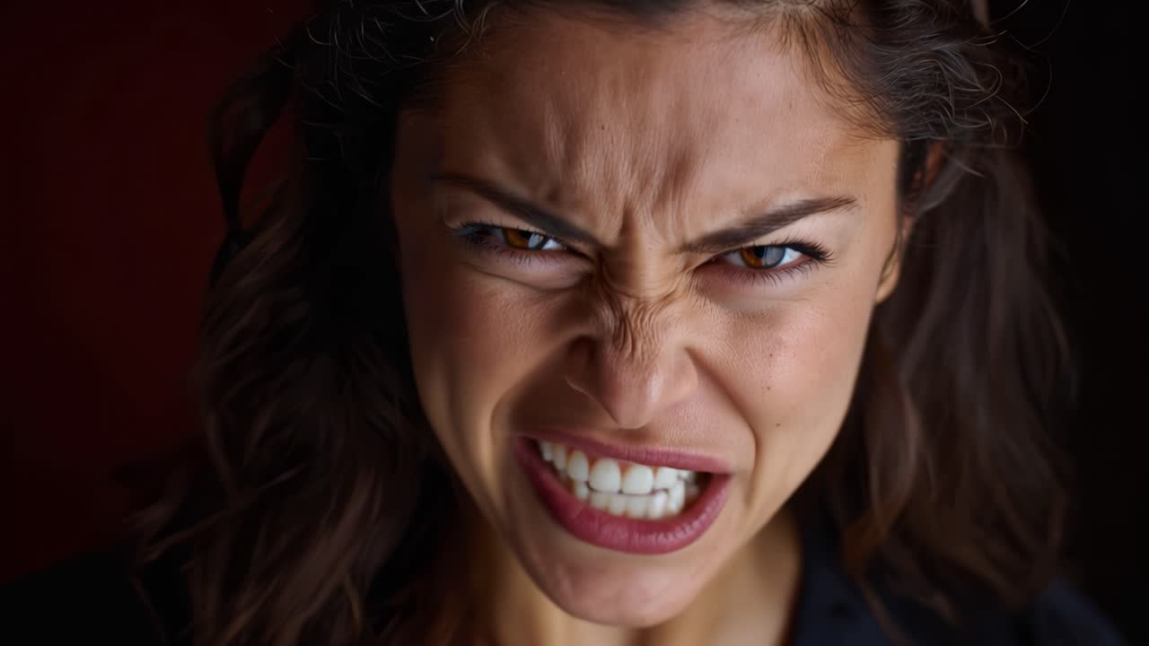 Intense Emotional Expression: Capturing the Raw Anger and Frustration of a Woman in Extreme Close-Up Shots During a Moment of Outrage