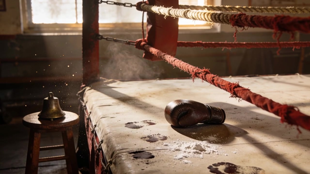 Raggi di sole che rivelano particelle di polvere e vapore che sale sopra il ring in un angolo della palestra
