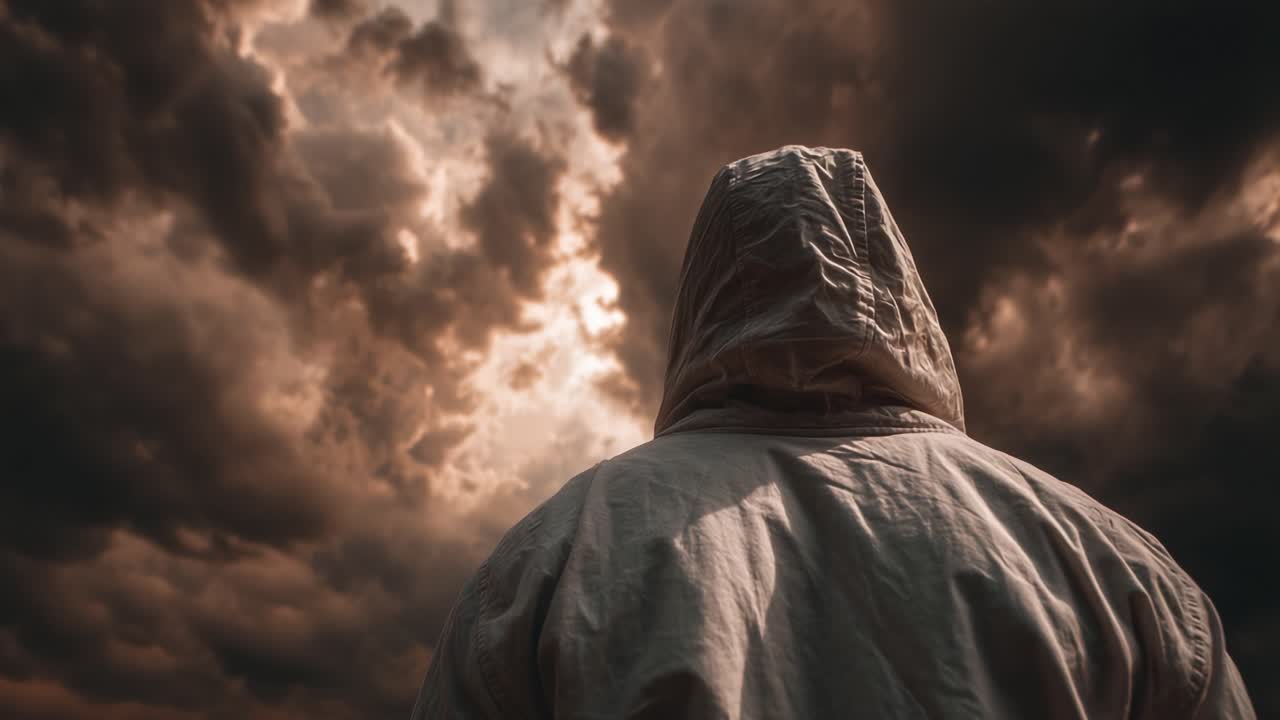 Una figura solitaria si staglia contro uno sfondo di nuvole temporalesche drammatiche, incarnando un senso di contemplazione e mistero mentre la natura sprigiona la sua potente presenza.