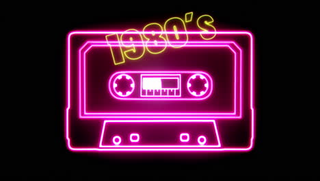 A-neon-cassette-tape-outline-appears,-together-with-the-flashing-message-text-1980s