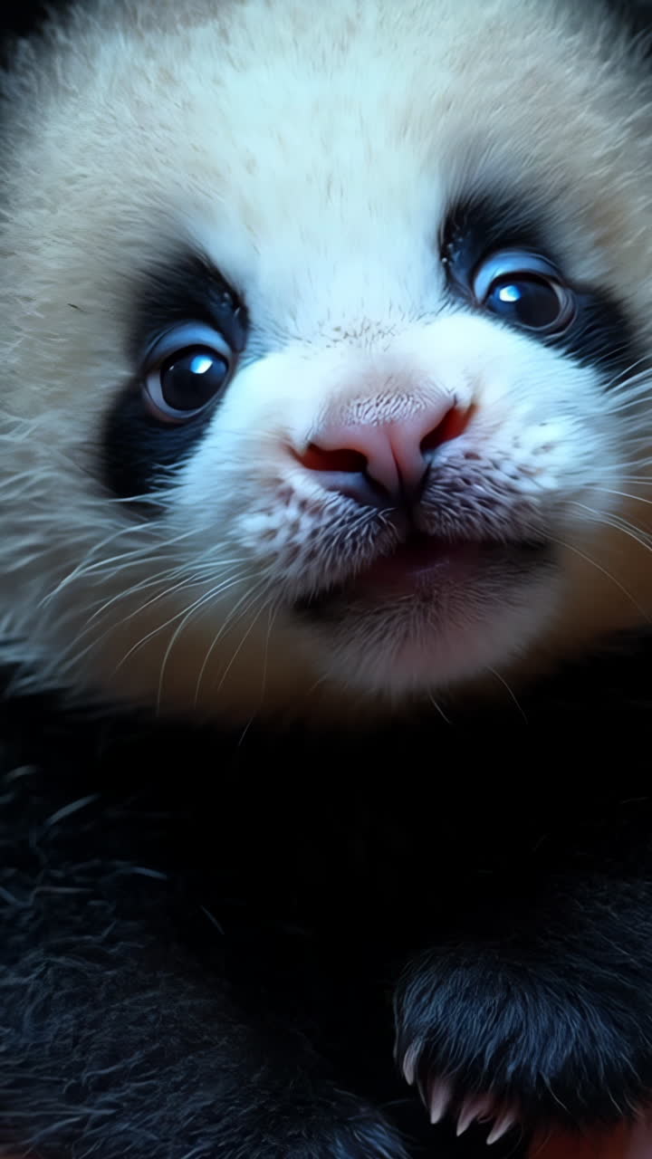 A baby panda is in a person's hand. The baby is adorable and cute. The baby is looking at the camera with a smile on its face