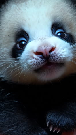 a baby panda is in a person's hand. the baby is adorable and cute. the baby is looking at the camera with a smile on its face