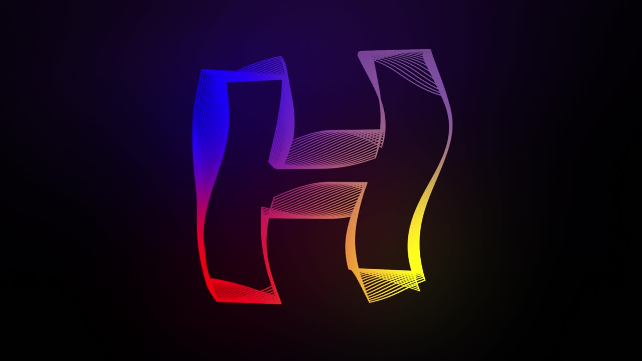 3d letra h líneas giratorias animación en fondo de gradiente oscuro abstracto gráfico de movimiento dinámico tipografía de brillo de partículas efecto visual arco iris alfabeto digital