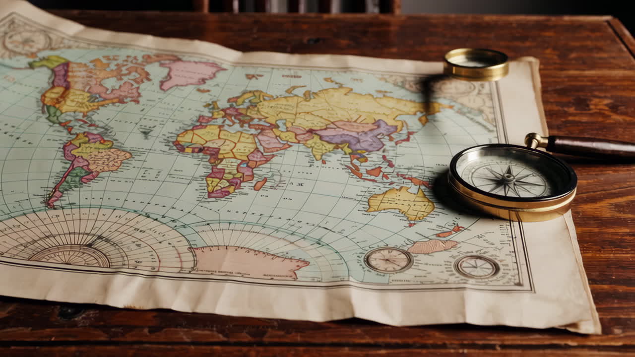 Vintage World Map with Compass and Magnifying Glass on Wooden Desk