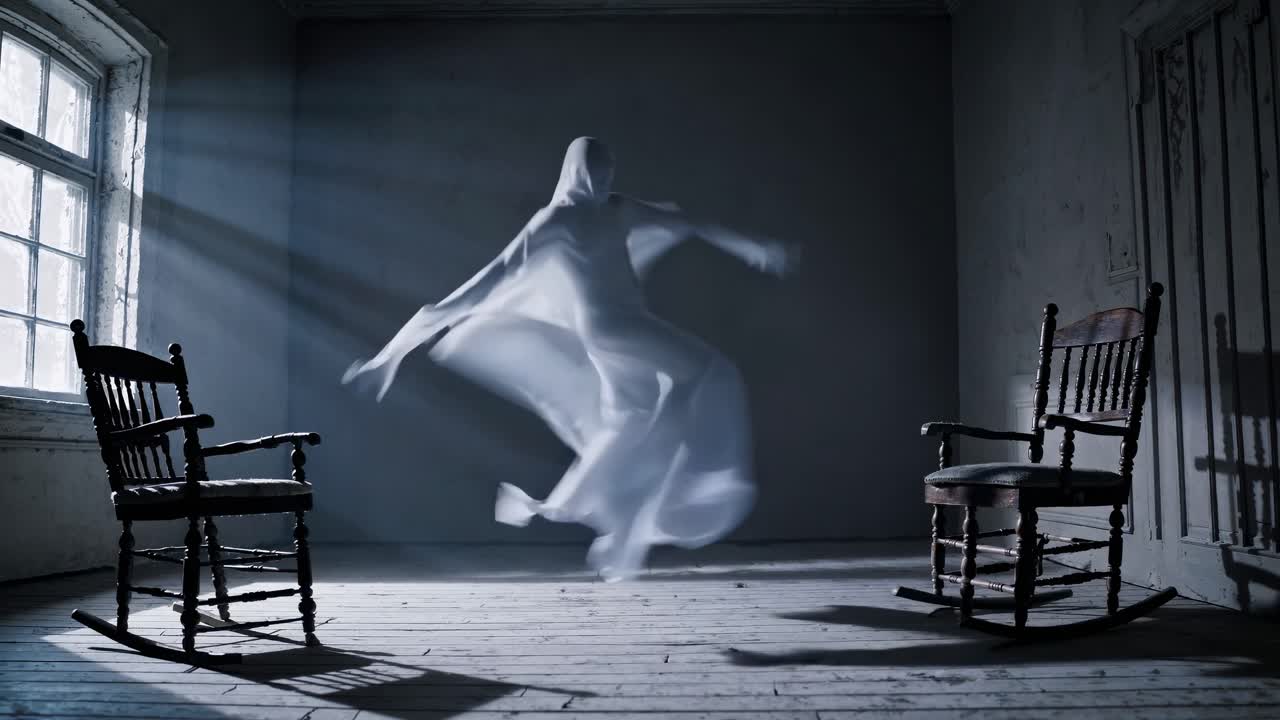 A ghostly figure twirls in an abandoned room, captured in a wide-angle shot