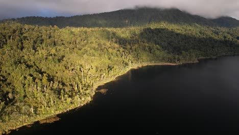 lake ianthe matahi surrounded by dense green forest with cloud-shrouded mountain in background. south island, new zealand. aerial shot