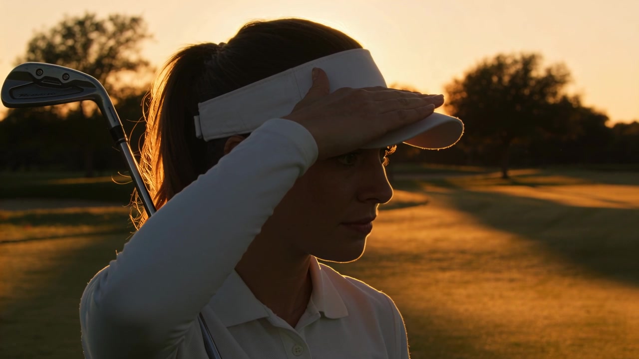 Golfer houdt golfclub vast, schermt ogen af tegen de laagstaande zon, draait zich om om over de fairway te kijken, met witte klep.
