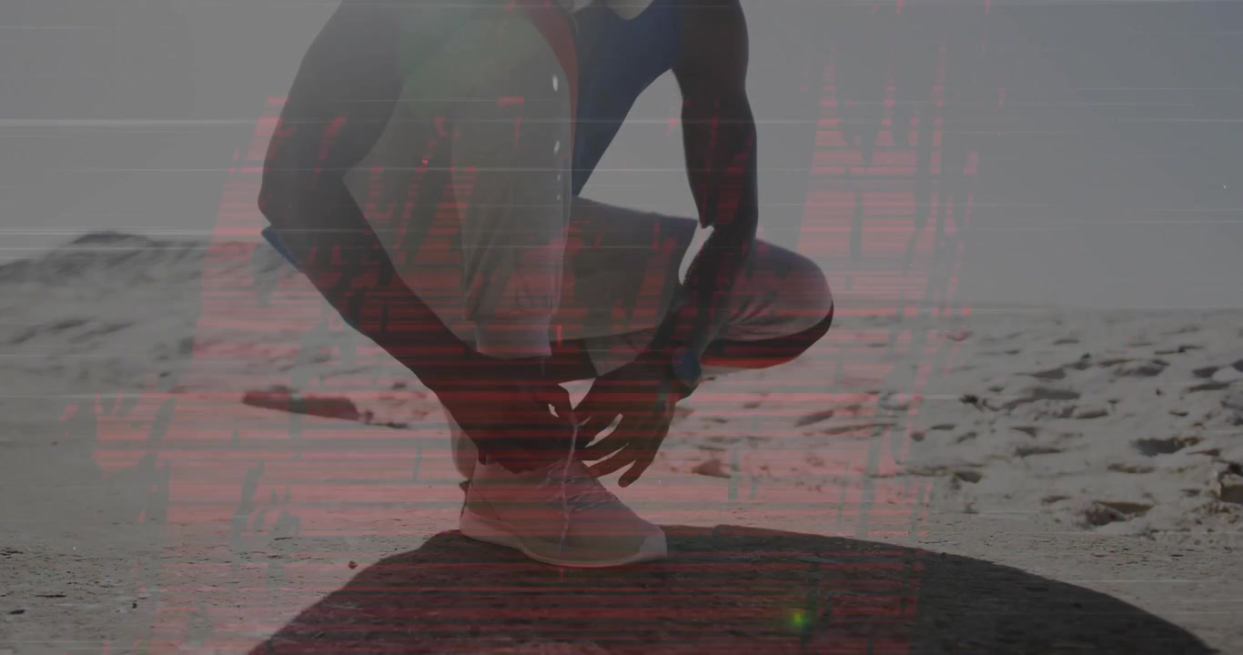 Man placing foot on rock and tying sneaker while animated lace tension bars guiding surf prep