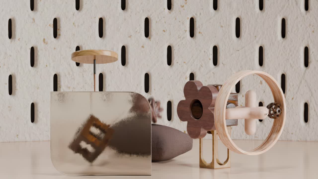 Still Life with Wooden Toys on a Pegboard Background