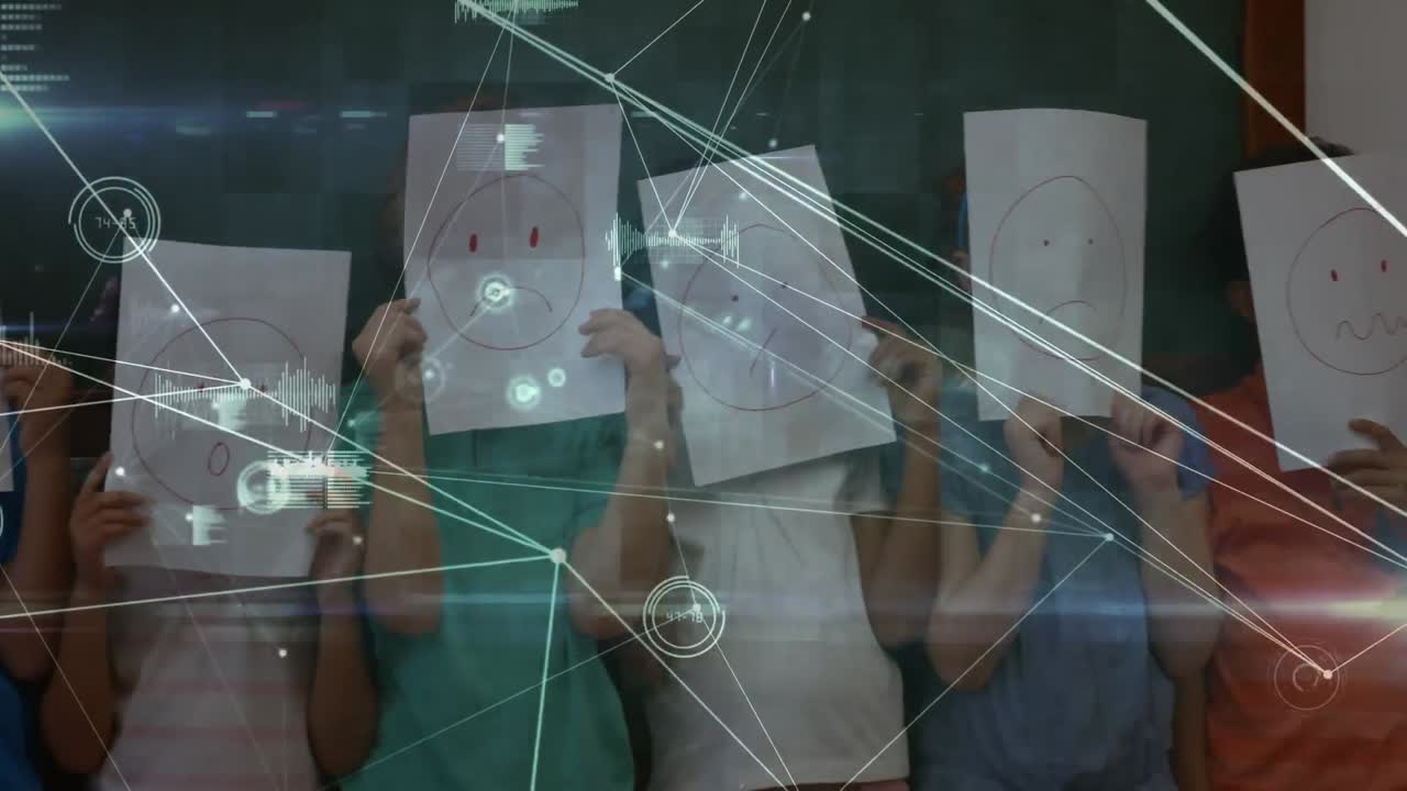 Network of connections and data processing against students holding a placard against their face