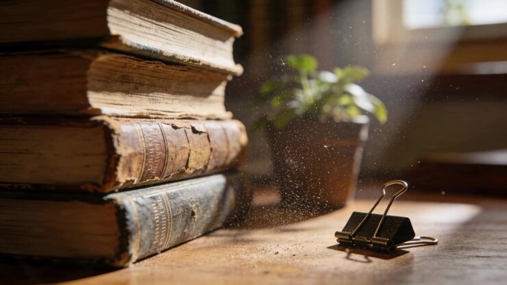Raggio di sole che entra dalla finestra, mostrando libri, polvere che fluttua, una pianta in vaso su un tavolo, con spazio per il testo
