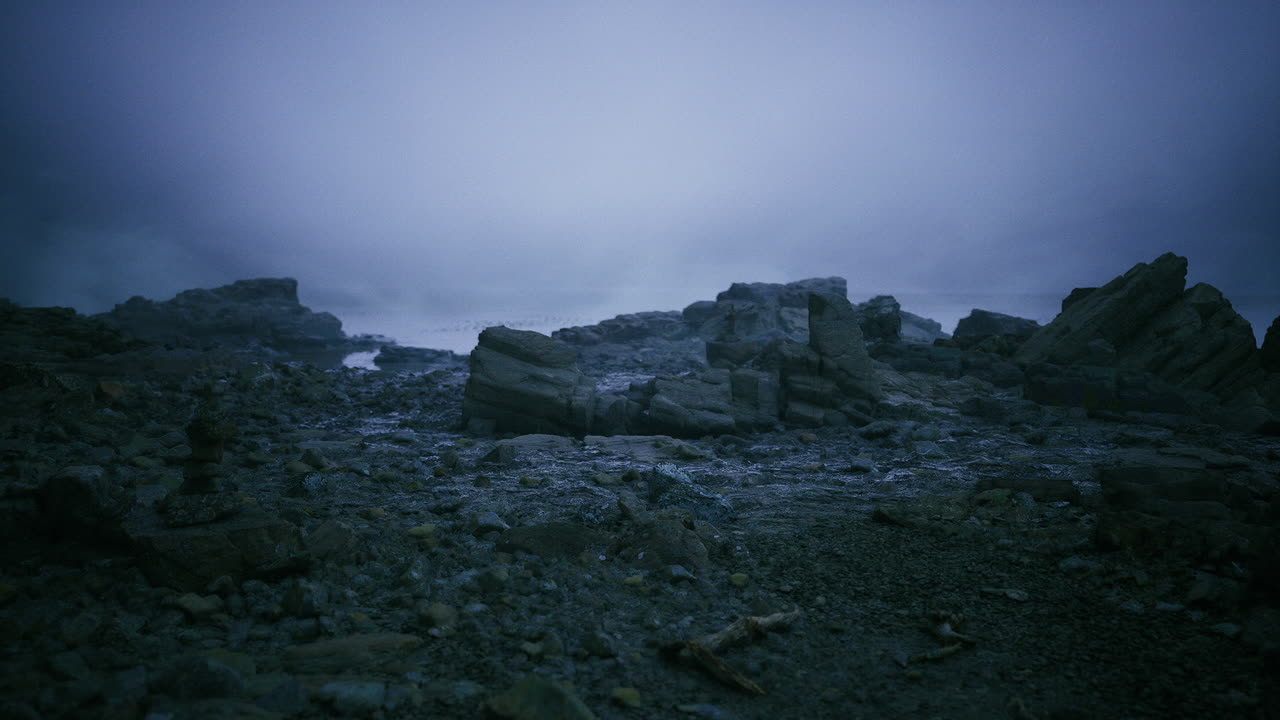 Tranquil coastal scene with scattered stones and subdued blue hues at dawn
