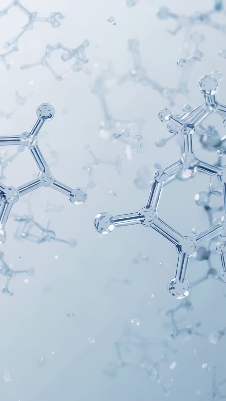 Video verticale: cluster esagonale di vetro mobile che ruota in blu laboratorio all'inizio, primi piani di goccioline