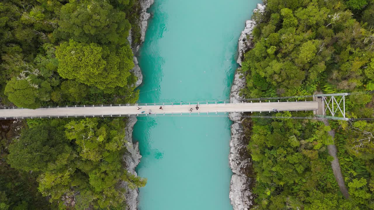 Aerial View of People Crossing a Suspension Bridge Over a Turquoise River in a Lush Forest