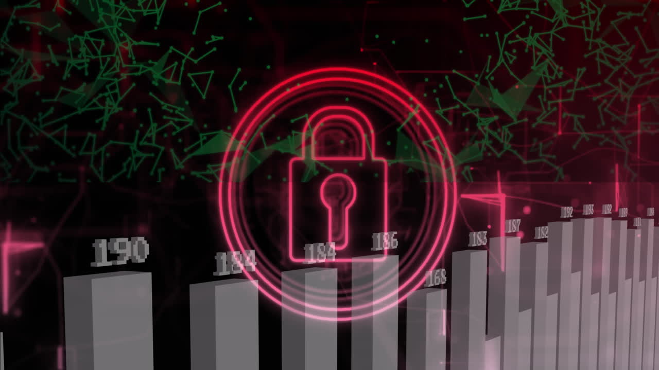 animación del icono del candado de seguridad sobre el procesamiento de datos estadísticos y las redes plexus.