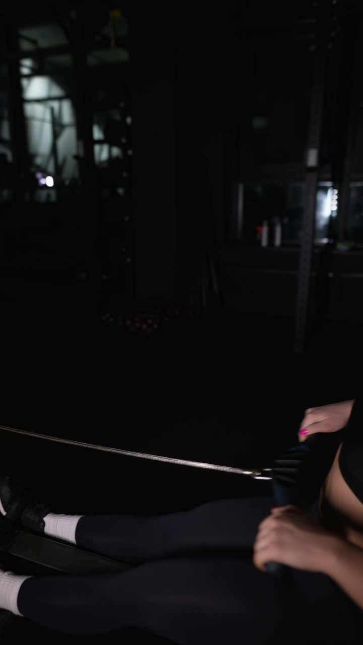 mujer trabajando en una máquina de remo en un gimnasio oscuro