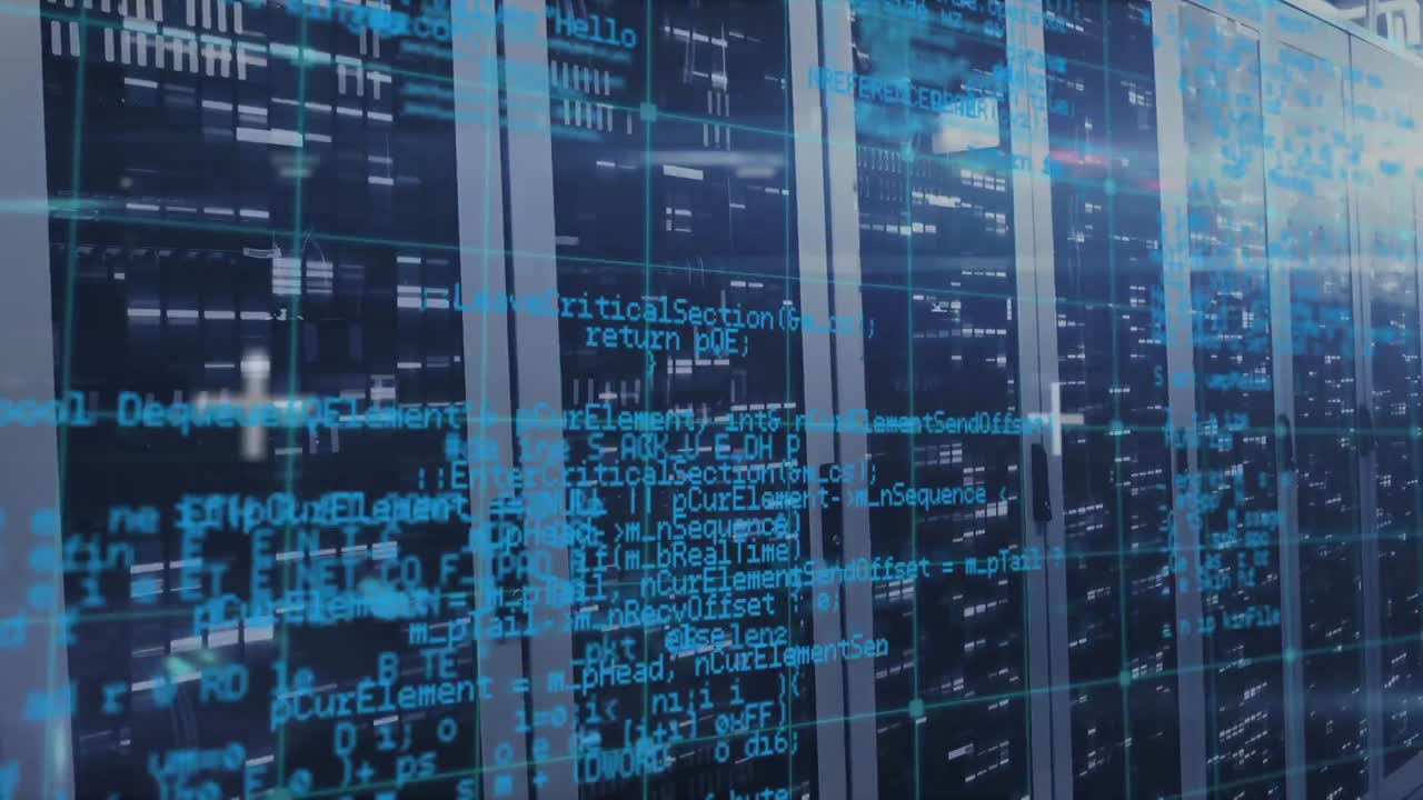 Animation of network of icons and connections, data processing and digital information in a server r
