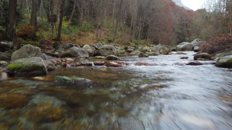 Flusswasserfluss-Im-Bergwald-Bei-Herbstlaub-Luftaufnahme