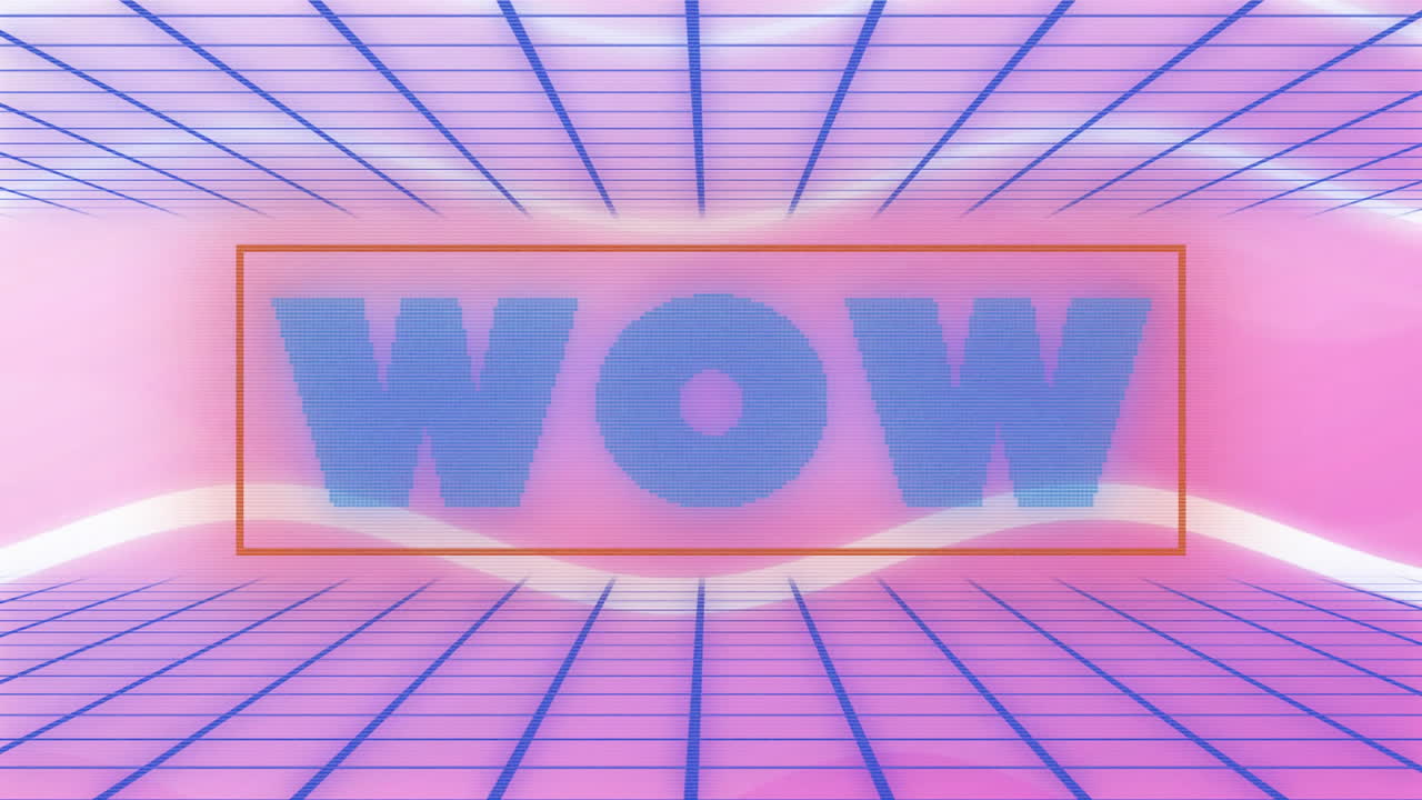 Animation of retro WOW text in bold blue over pink grid background