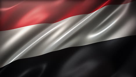 the state flag of republic of yemen, high-angle, perspective view, cinematic look and feel, glossy, slow-motion wavering, elegant silky texture waving