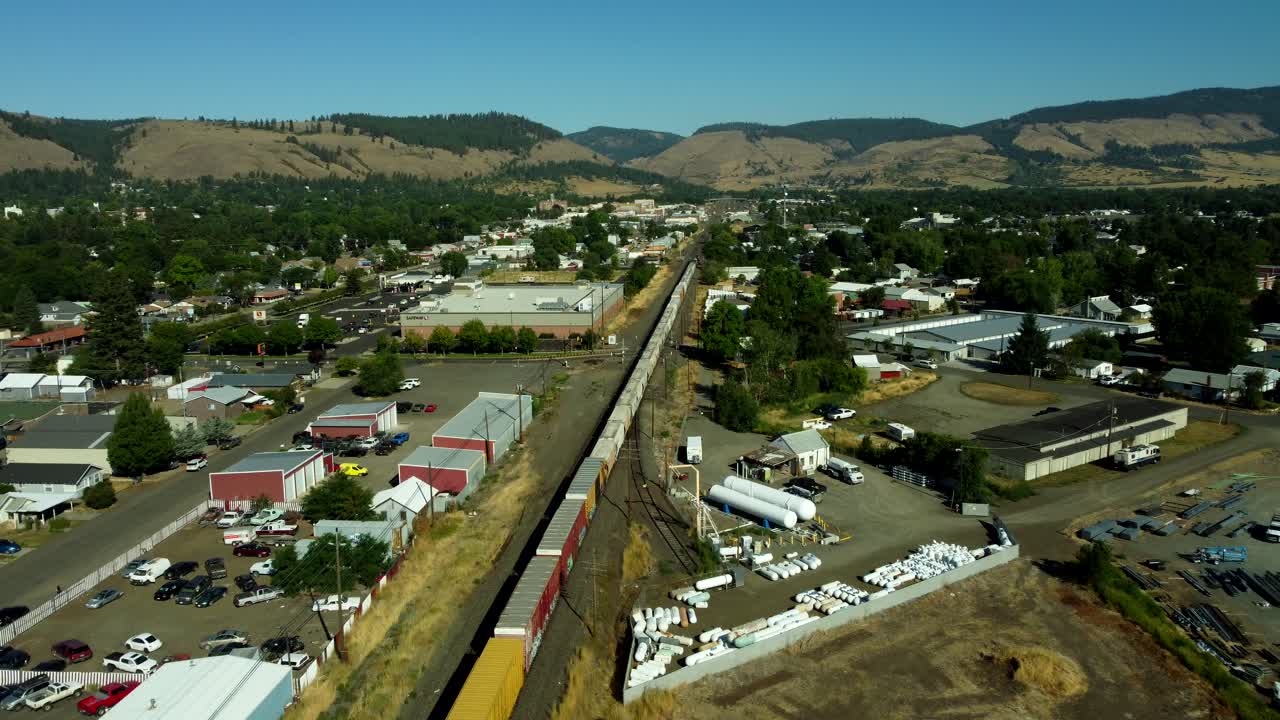 US, Oregon, La Grande, 2025-08-11 - Drone view of the Eagle Cap Excursion Train station