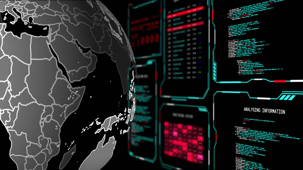 animación del procesamiento de datos digitales en pantallas de todo el mundo sobre un fondo negro