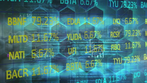 animación del procesamiento de datos financieros a través de una red de hexágonos.