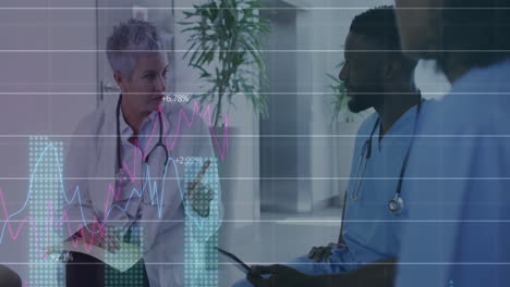 animation of multiple graphs with changing numbers, diverse doctors discussing in hospital