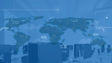 animation of financial data processing over computers and world map