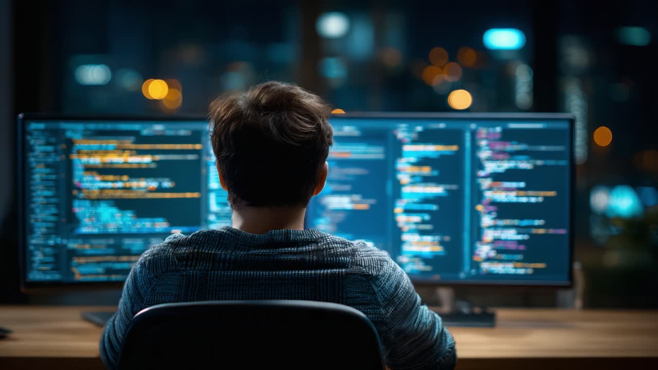 A Programmer Concentrates on Code at Night, Surrounded by Dual Monitors Illuminated by City Lights, as He Works on a Complex Software Development Project