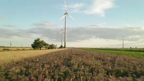 Aerial-forward-moving-footage-of-a-field-and-wind-turbines-in-the-background