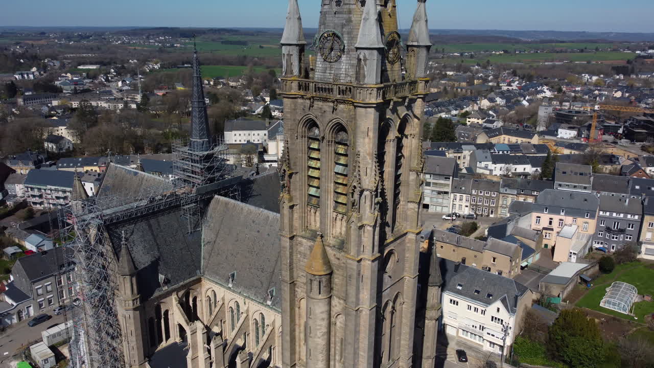 Aerial View of a Church Under Restoration in a European Town