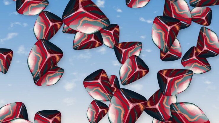 Stylized red marbled 3D blocks fall slowly through a bright blue sky with soft clouds.
