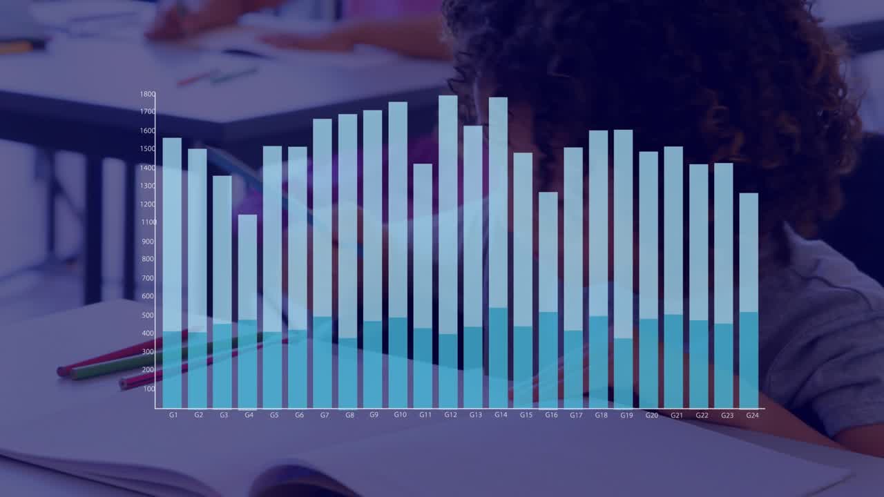 Statistical data processing over african american boy studying in the class at school
