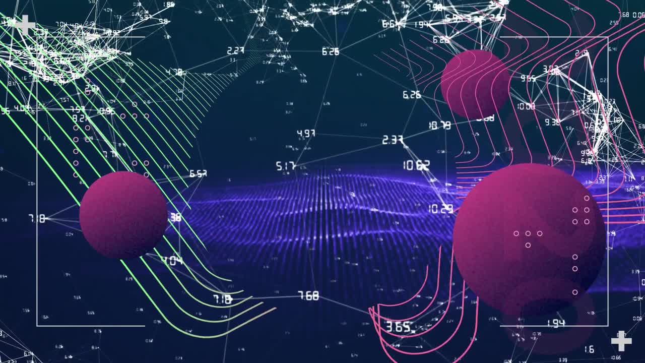 Animation of circles and wave patterns against dots and numbers interconnecting with lines