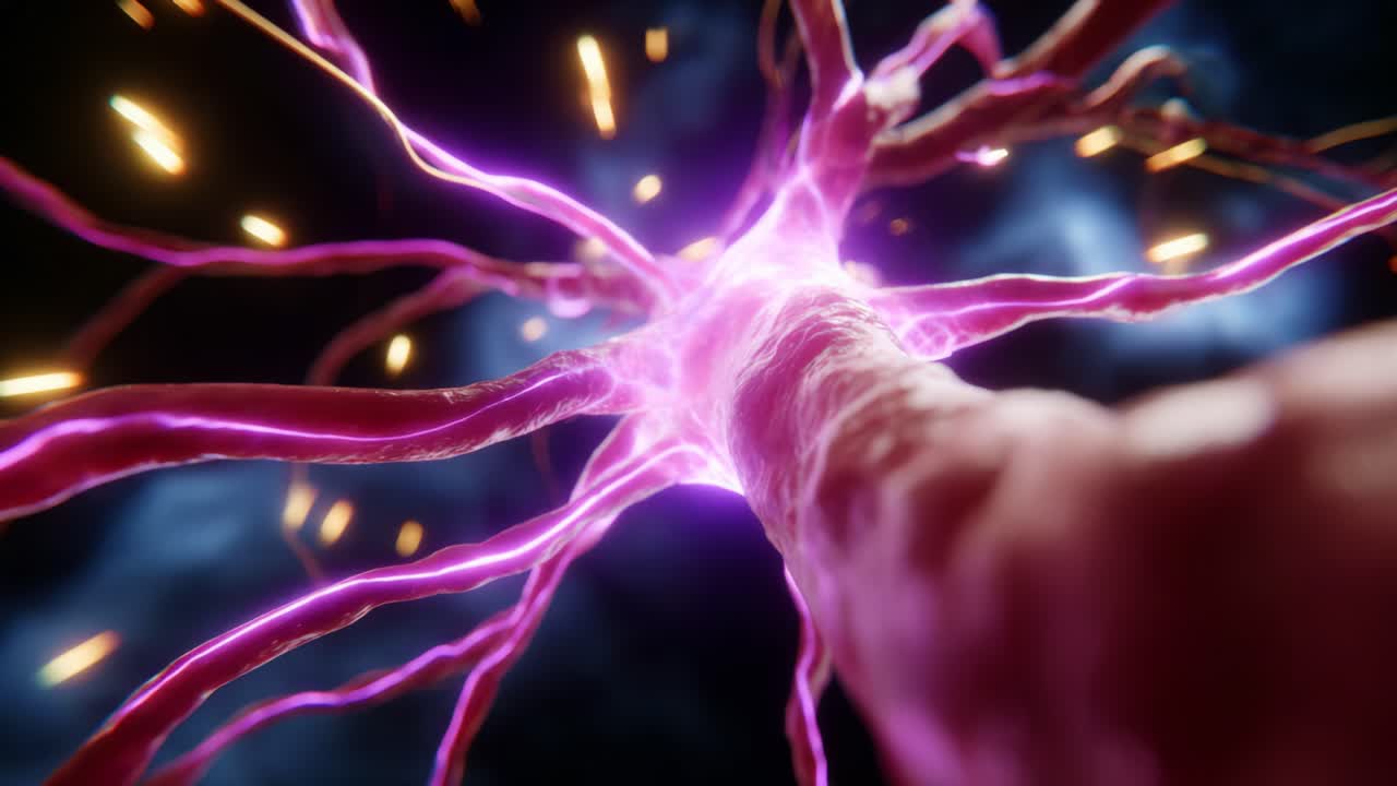 Close-Up of a 3D Neural Network Animation Featuring an Electrifying Neuron with Pulsating Energy, Showcasing the Complex Beauty of Synaptic Connections and Neurotransmission Processes