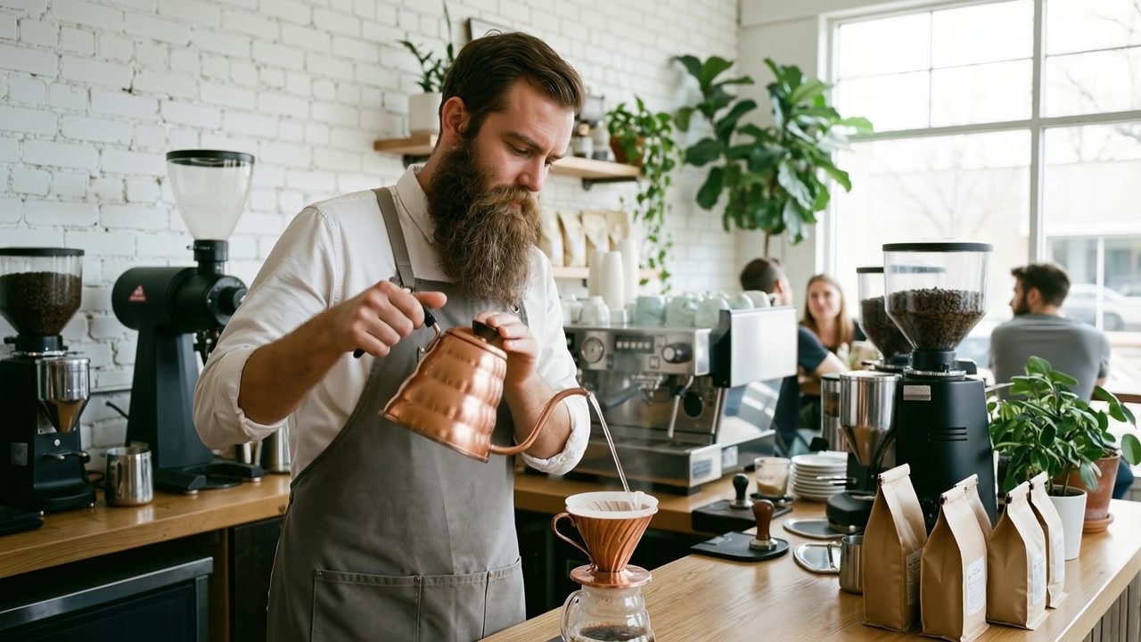 Professional barista with a beard carefully pouring hot water from a copper kettle into a pour over coffee dripper