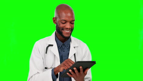 Tablet,-doctor-thinking-and-black-man-on-green