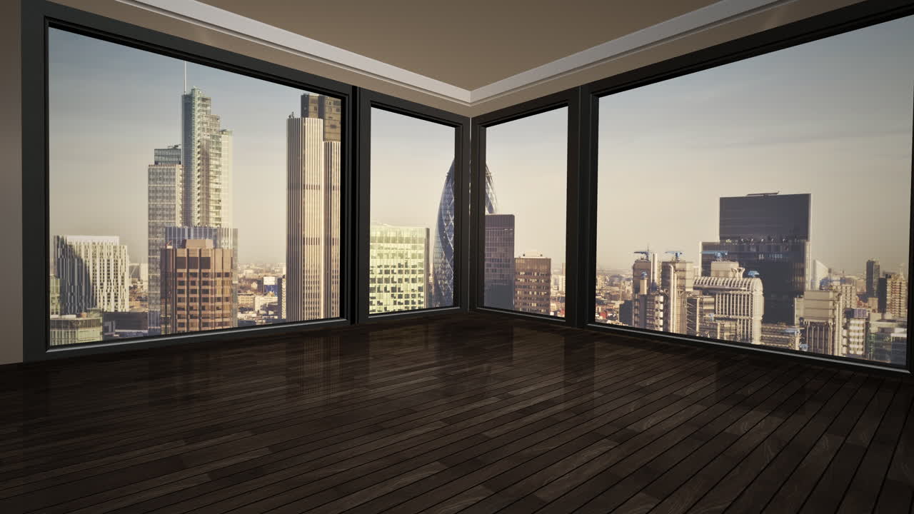 City panorama with big buildings in summer day from window