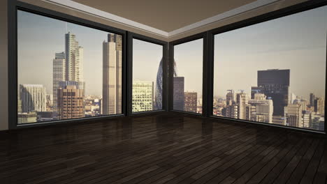 city panorama with big buildings in summer day from window