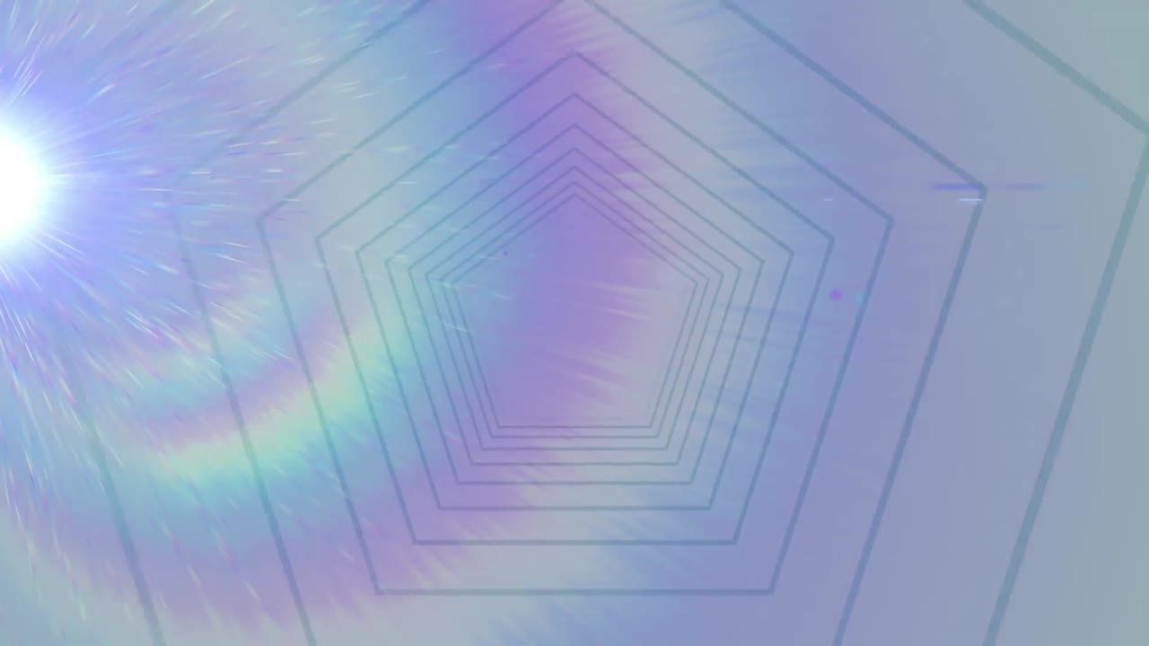 6각형 모양의 디지털 애니메이션은 회색 배경에 빛의 반점에 대해 원활한 움직임을 나타 ⁇ 니다.