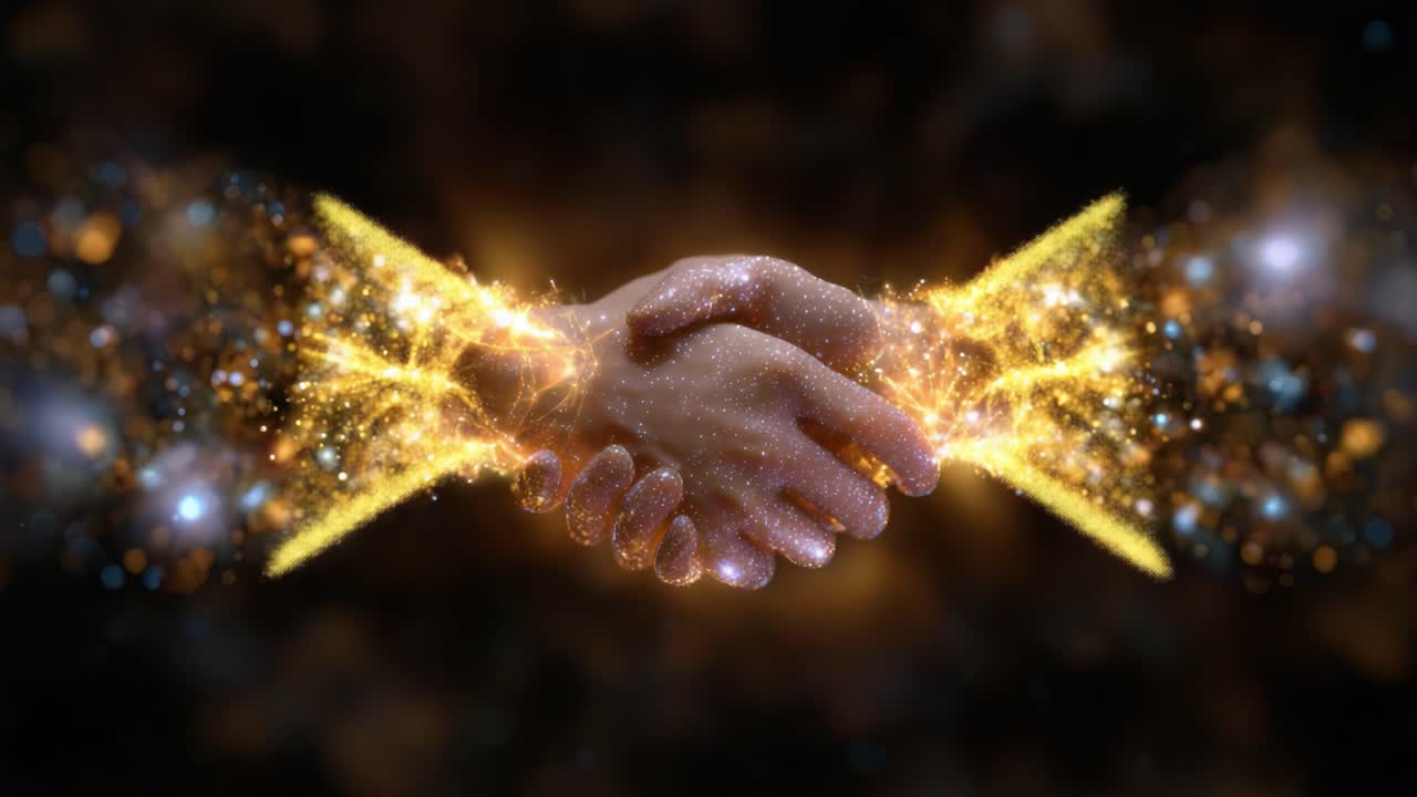 Un'unione spirituale: una stretta di mano cosmica che rappresenta connessione, unità e armonia attraverso la fusione di luce ed energia in uno sfondo celestiale