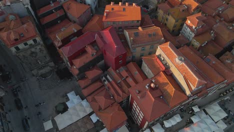 aerial top view of ribeira old town in porto, fonte monumental da ribeira, portugal